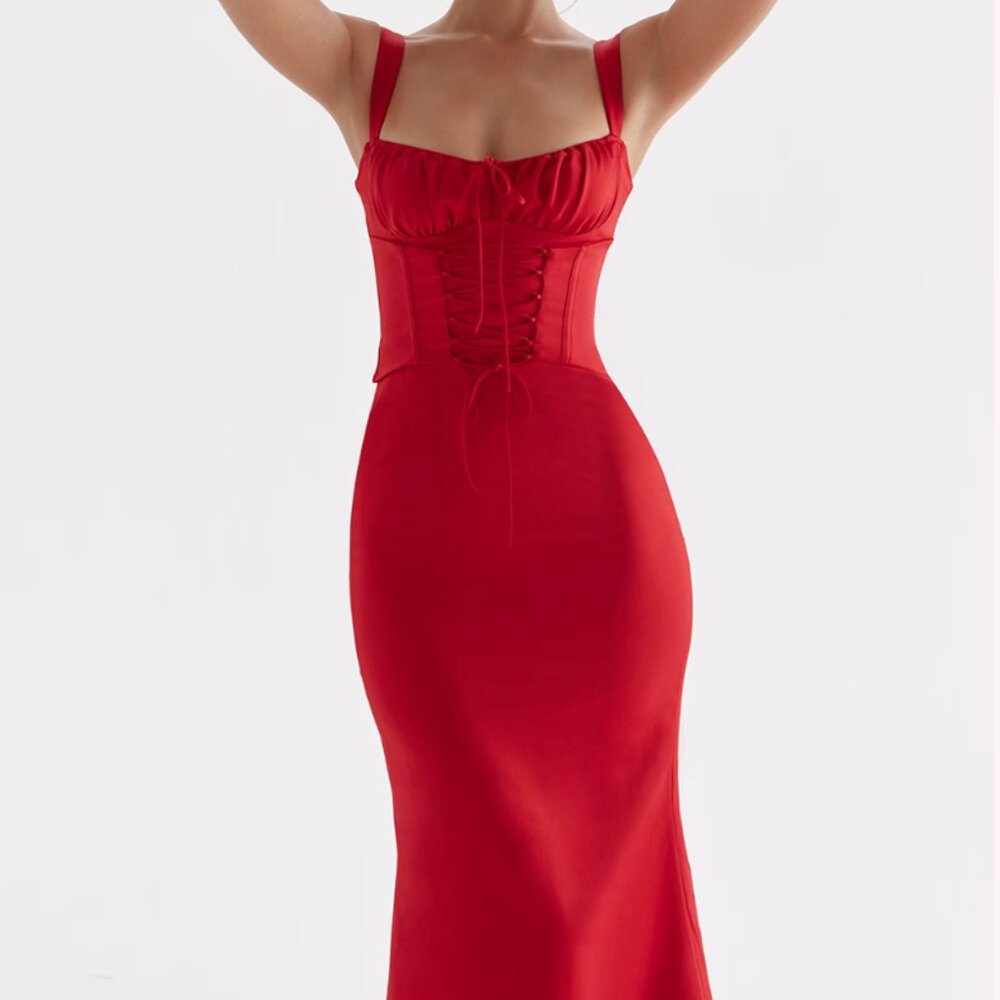 House of CB Valencia Corset Midi Dress – Red Rose (New! NWT, Size S)